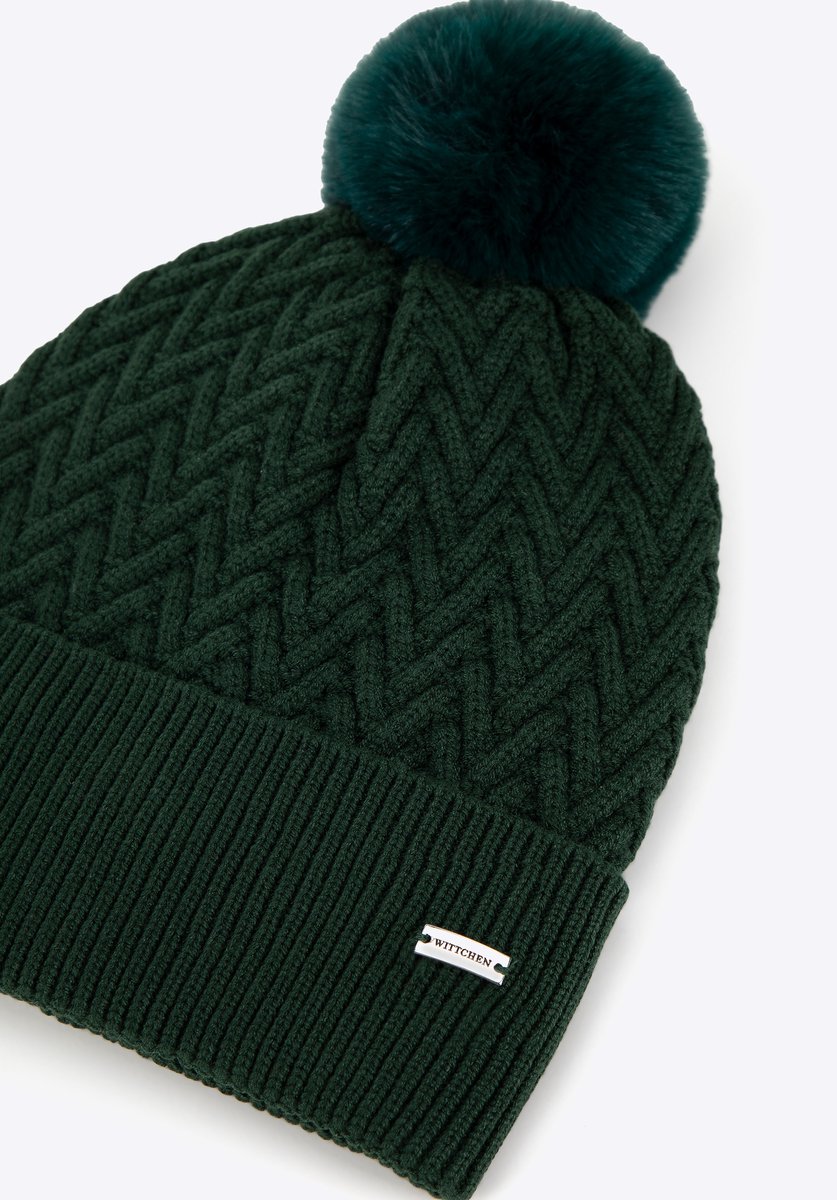 Wittchen - Dames Hoed - Herringbone Patroon - Delicate Pompom - Donkergroen