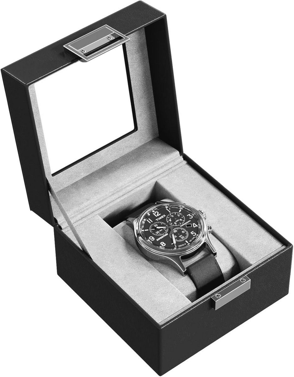 Horloge opberbox met glazen deksel en kussen - Premium PU leren horloge box met 1 vak - Zwart