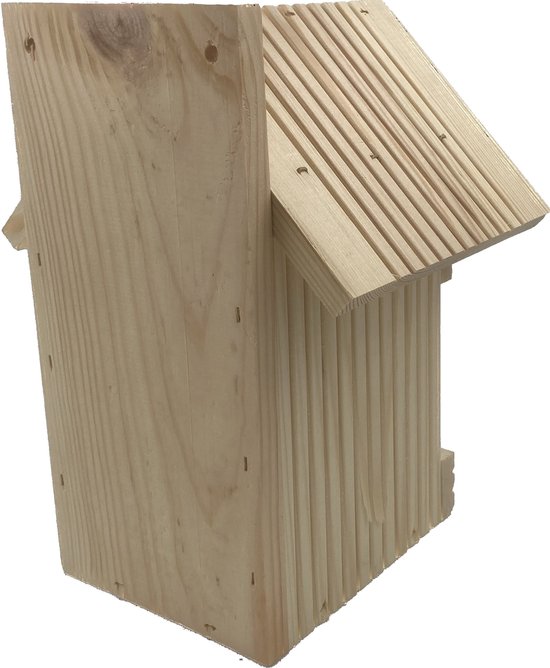 Vue latérale d'une maisonnette en bois avec toit incliné et planches verticales.