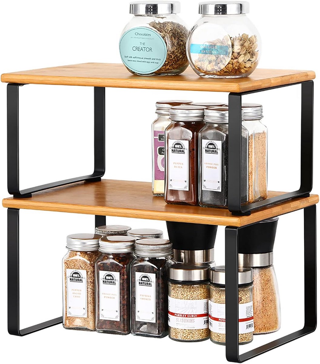 Set van 2 Bamboe Keukenrekken - Stapelbare Organizer voor Kasten en Planken