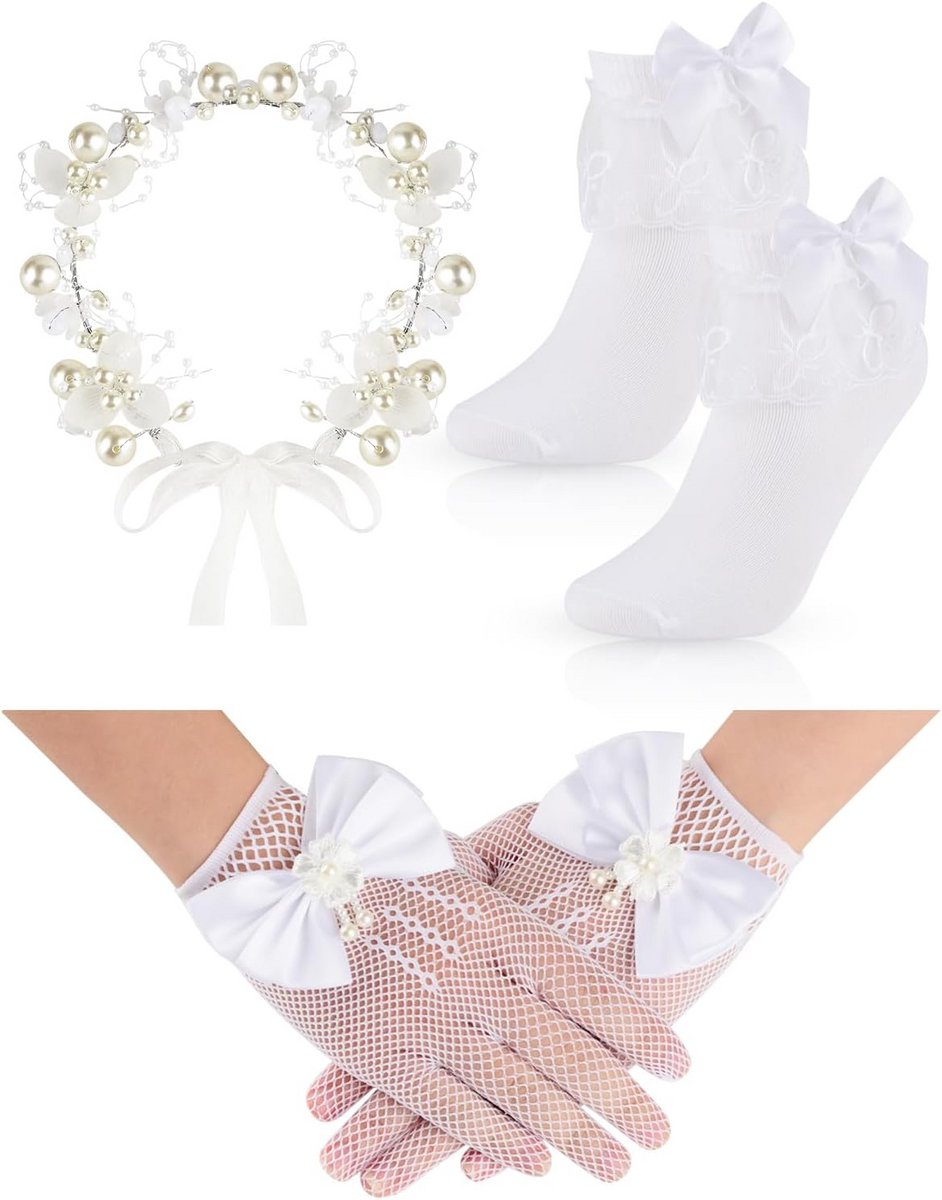 Bloemenmeisje Accessoires Set: Hoofdband, Witte Kant Handschoenen en Sokken voor Kinderen