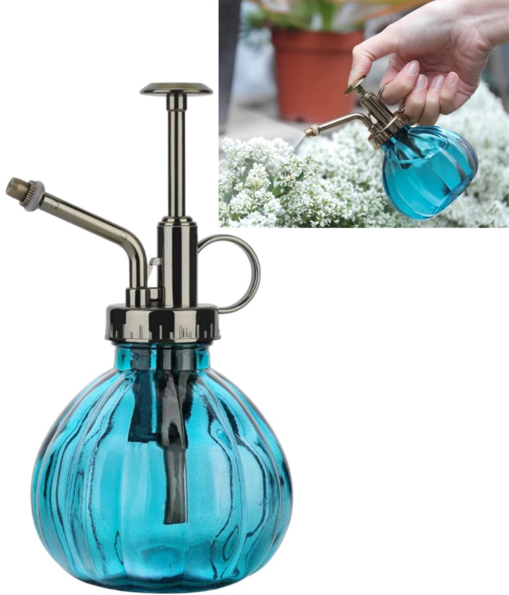 Vintage glazen spuitfles - Top pomp druk spray - Kleine plantenspuit - Decoratieve gieter - 9*9*16cm- Geschikt voor de verzorging en decoratie van planten in huis - Blauw