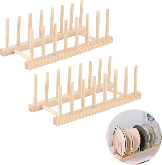 IGTOPS 2 stuks afdruiprekken van hout, houten bordenrek, servies, borden, theekopje, snijplank, boek, pannendeksel, wijnglashouder, keukenrek voor het drogen van servies