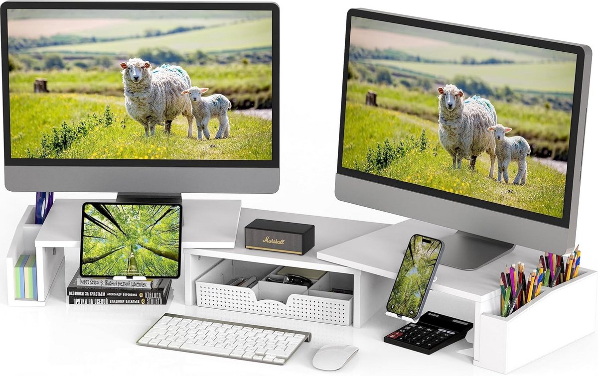 Dubbele Monitor Stand Riser met Lade - Wit