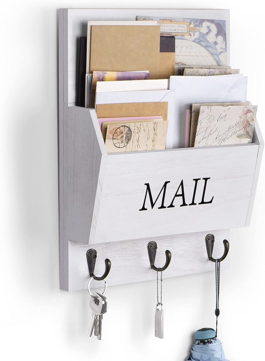 Houten Mail Sorter Organizer voor Muur met 3 Haken - Witte Sleutel en Mail Houder