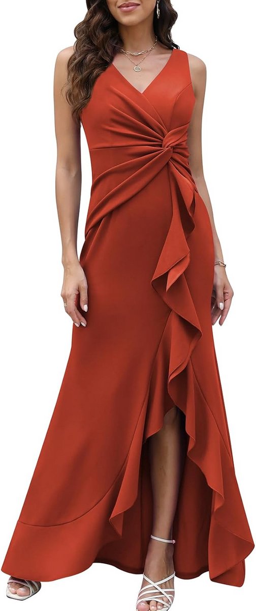 Elegante Lange Avondjurk Dames met V-Hals en Split - Geschikt voor Feest en Gala