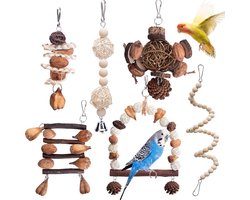 6 Delige Houten Speelgoed Set voor Vogels - Schommelen, Klimmen en Kauwen voor Parkieten tot Papegaaien