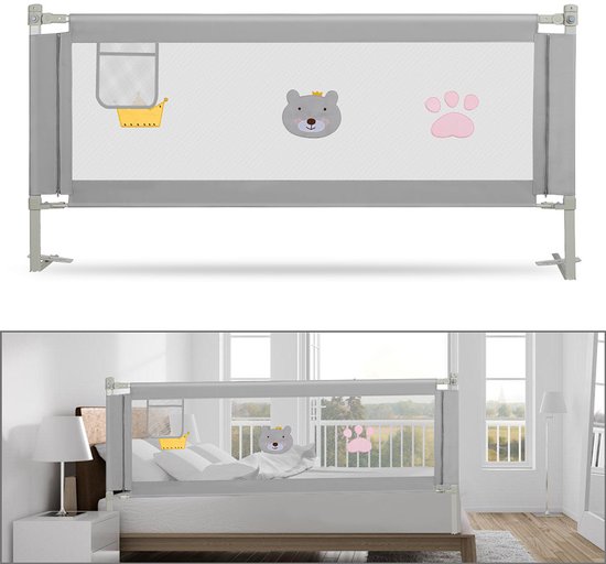 Barrière de lit 150CM - Barrière de lit réglable - Universel - avec filet de retenue - Bord de lit - Barrière de lit - Barrière de lit pour tout-petits Protecteur de chute Sécurité anti-chute pour lit Kinder Sécurité - Grijs