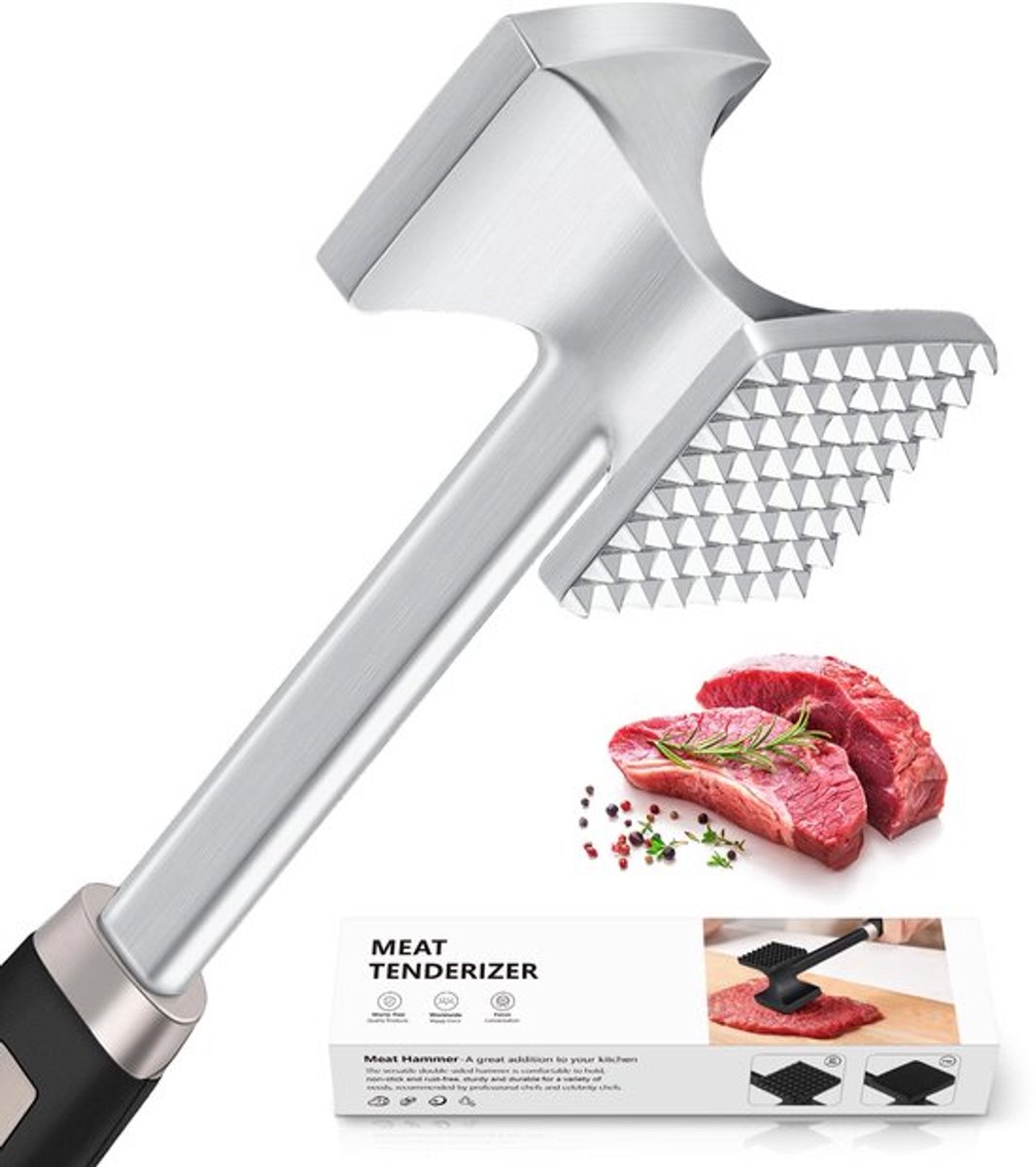 Meat hammer, double-sided non-stick coating, meat hammer with non-slip handle, silver