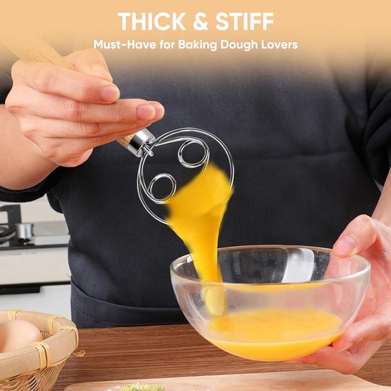 Deense deegmixer - roestvrij staal - handmixer geschikt voor brooddeeg - houten handvat - keukenbakgereedschap - broodbakgereedschap en accessoires -hout -34cm -Dubbele ring — afbeelding 5