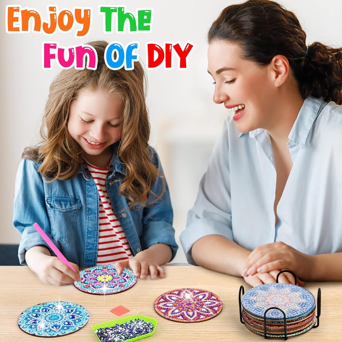 10-pack Diamond Painting-onderzetters (met standaard), Diamond Cup-onderzetters, Diamond Painting-knutsels voor volwassenen, DIY Mandala-onderzetters, antislip, Houten Kork Basis, Creatief Knutselpakket voor Kinderen & Volwassenen — afbeelding 2