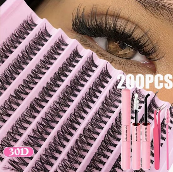 Ensemble d'extensions de cils 30D 200 pièces DIY – Collage de cils professionnel à domicile | Comprend colle, scellant, applicateur pinceau et outils