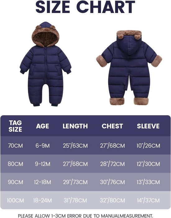 Warm Baby Sneeuwpak Winter Overall Fleece Gevoerd Romper 6-24 Maanden — afbeelding 5