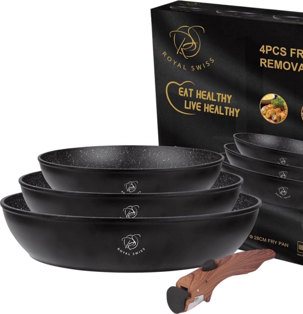 Set van 9 pannen & potten met 2 afneembare handvatten, marmercoating, inductie