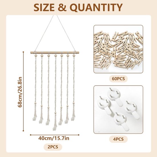 Fotowand Met Klemmen Set 2 Stuks - Boheems Fotogordijn Met 30 Houten Clips