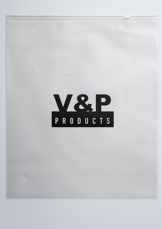 Doorzichtige plastic verpakking met het zwarte V&P PRODUCTS logo.