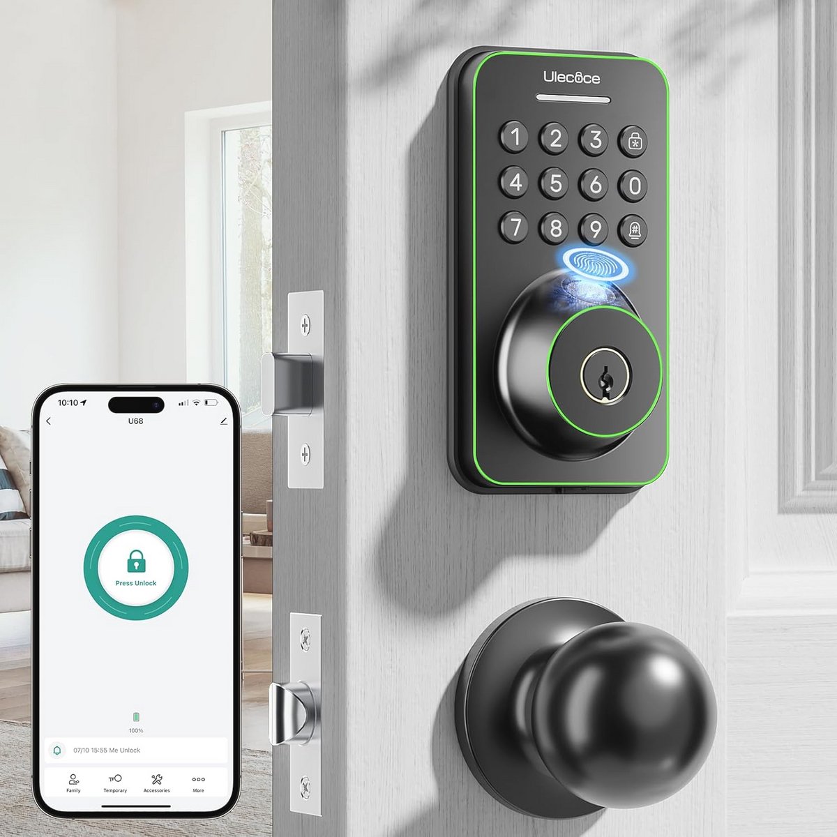 Slim digitaal keyless deurslot met nachtschoot en handvatset - Eenvoudig te installeren codedeurslot voor voordeur - Matzwart