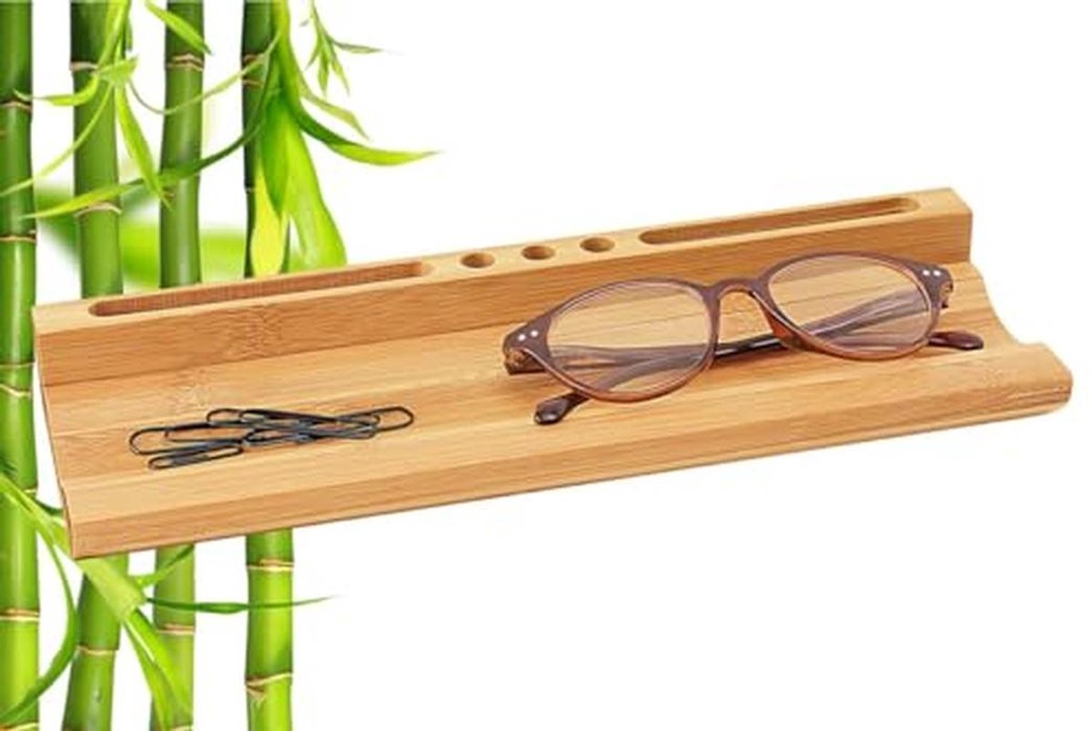 Bamboe Pen Tray met Smartphonehouder en Opbergvakken - Duurzame Tafelorganiser