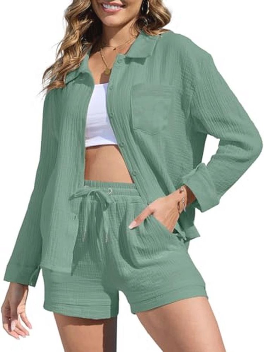 Tweedelig dames zomer vrijetijdspak met lange mouwen en hoge taille shorts