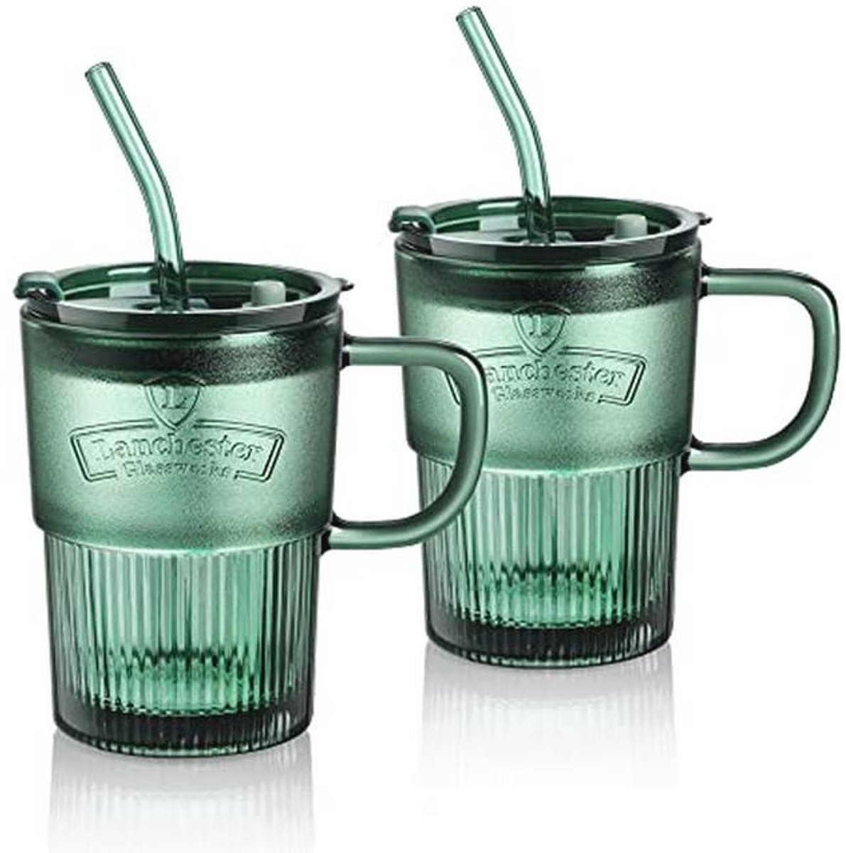 Set van 2 Groene Drinkglazen met Deksel en Rietje – Ideaal voor Ijskoffie, Milkshakes en Smoothies – Vaatwasmachinebestendig
