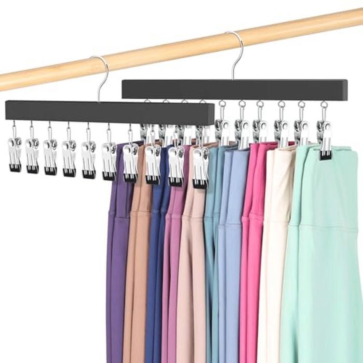 Houten hangers met clips voor leggings en broeken - Ruimtebesparende kast organizer