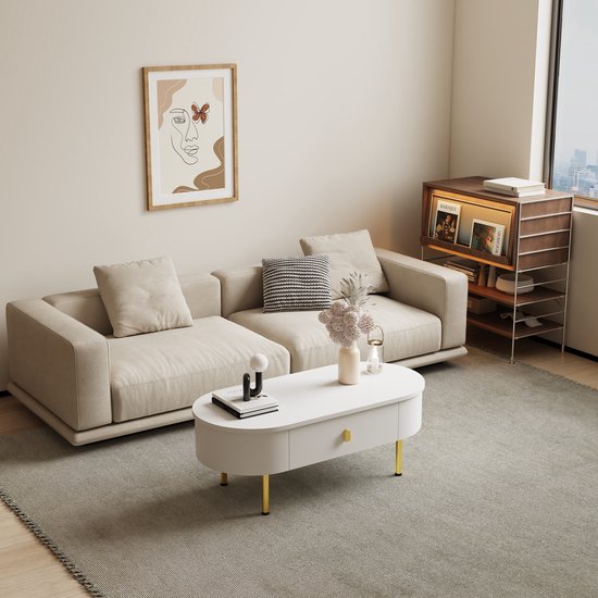 Table basse MODFU avec 2 tiroirs, poignées dorées, angles arrondis, plateau en bois et pieds en métal.
