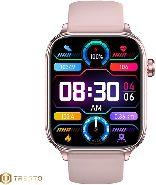 Lichtroze smartwatch met een vierkant, gekleurd display met sport- en gezondheidsgegevens. Het horloge heeft een roségouden rand en een lichtroze bandje.
