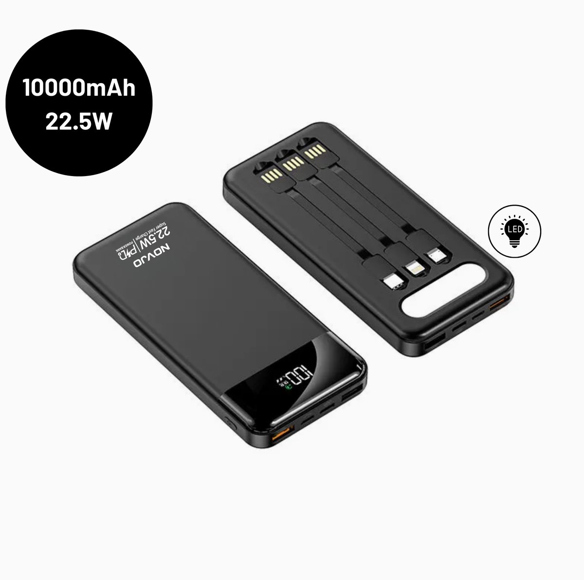 NOVJO® Powerbank 10000mAh – 22.5W Supersnelle Oplader met Ingebouwde Kabels en LED-Lamp – Geschikt voor iPhone en Samsung – Zwart
