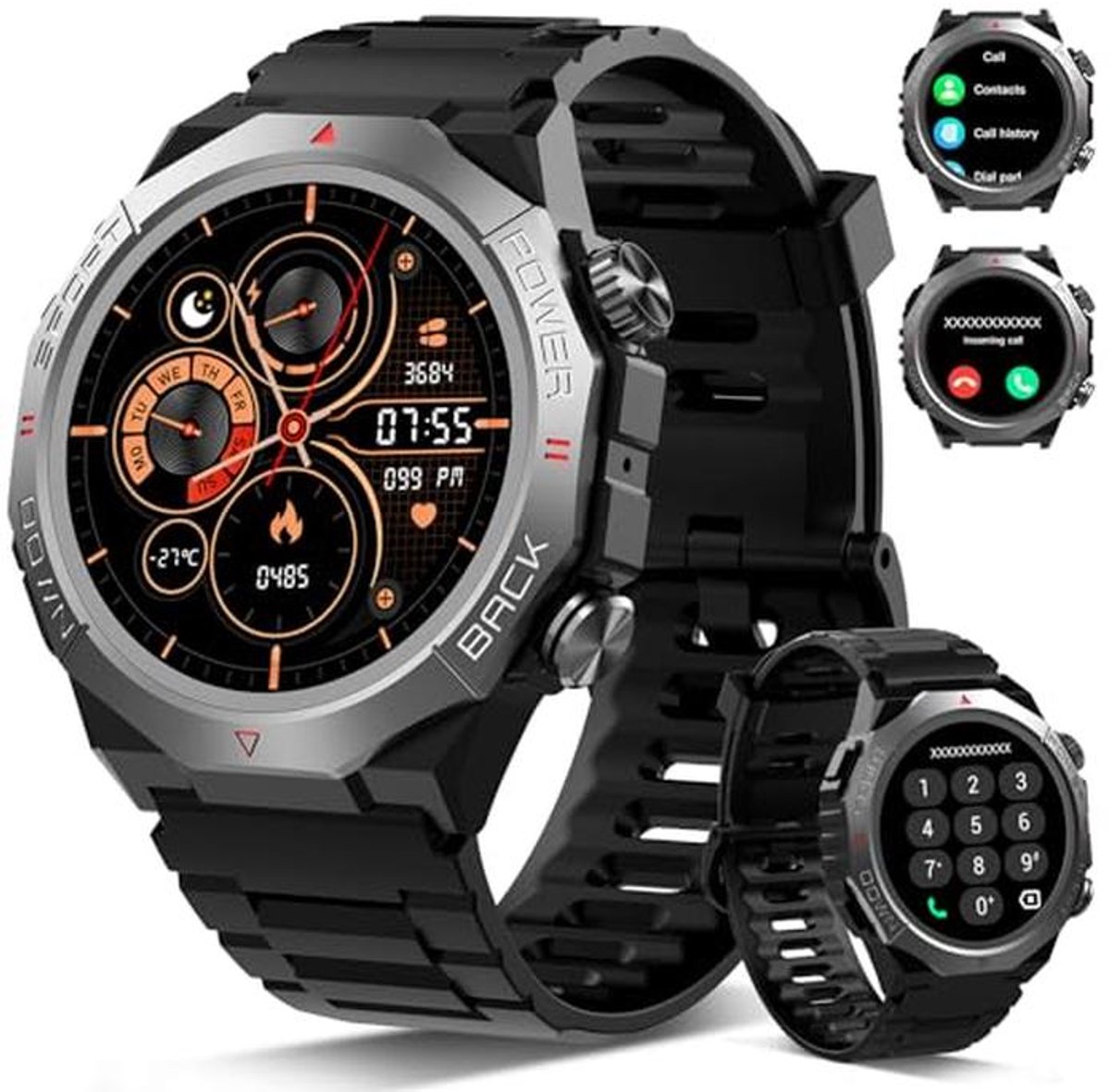 Militaire Smartwatch met Telefoonfunctie - Touchscreen, Hartslagmeter, Slaapmonitor, IP68 Waterdicht, Sportieve Modus