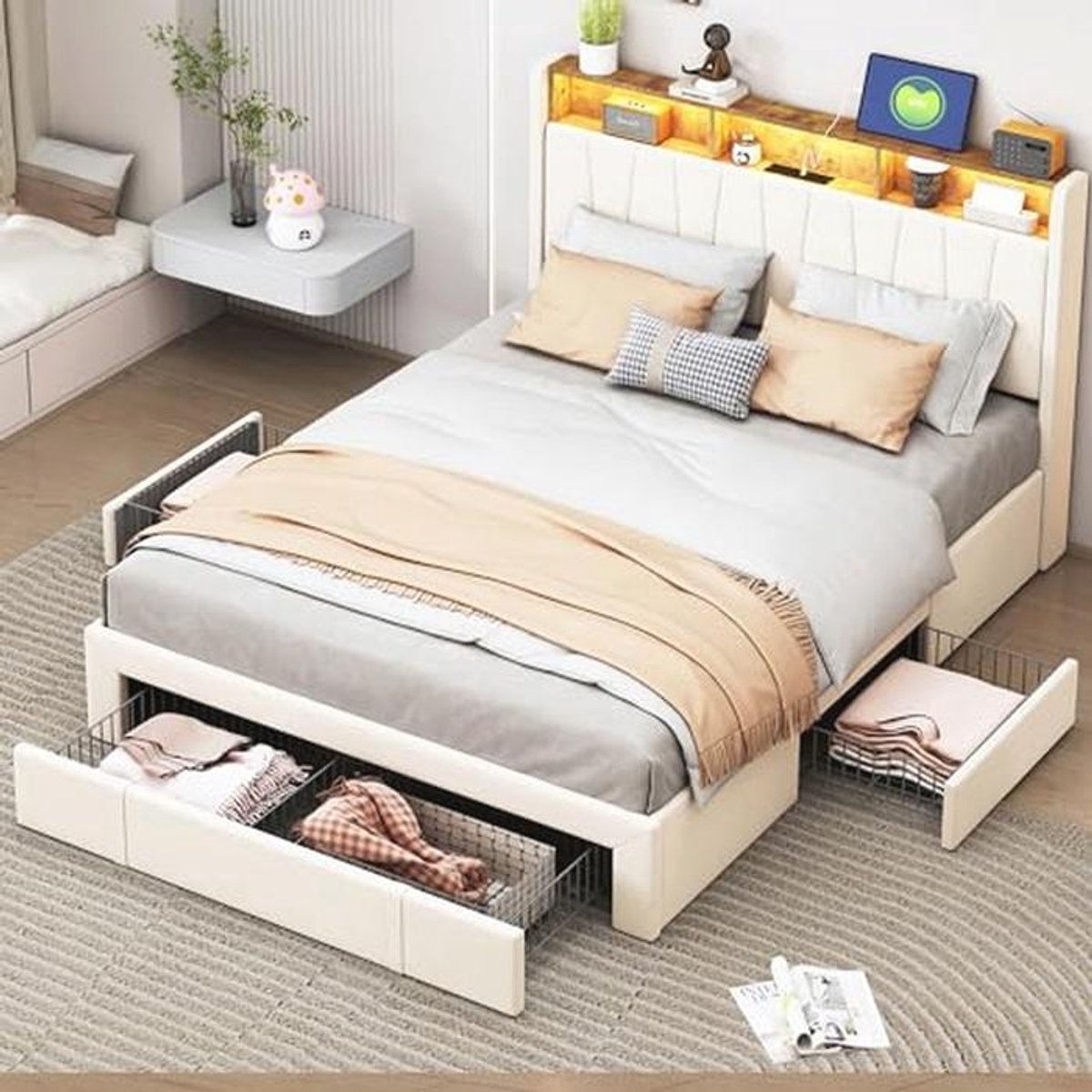 Tweepersoonsbed 160 x 200 cm met Lade en Ledverlichting - Moderne Slaapkamer met USB-oplader en Opbergruimte