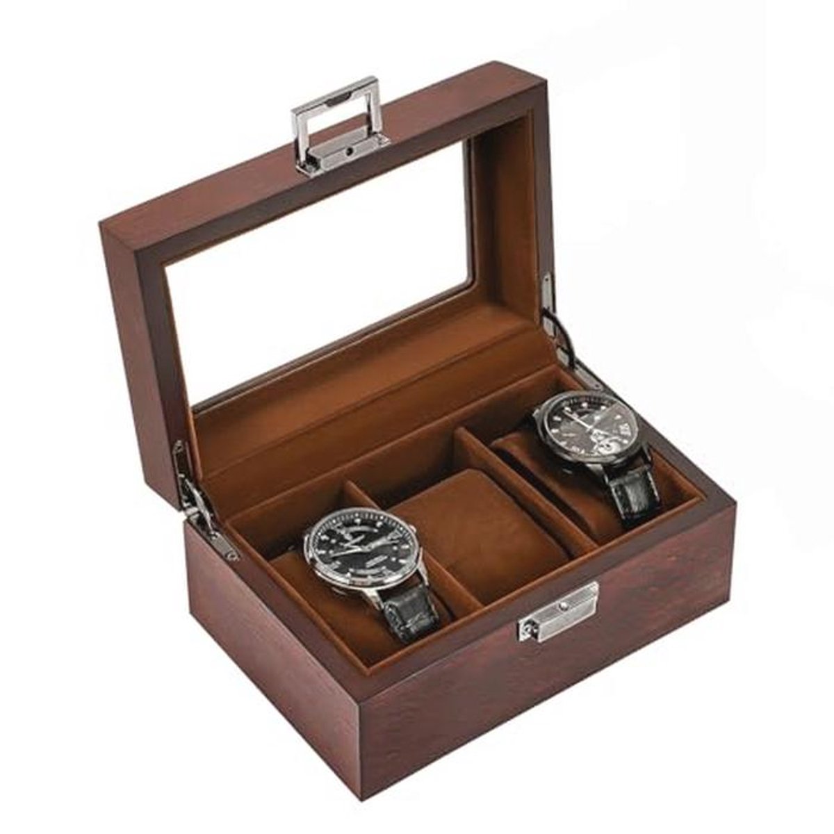 Houten Horloge Doos voor Mannen - 3 Slot Horloge Organizer met Glazen Deksel