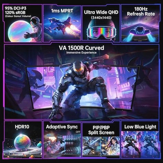 Ultrawide Curved Gaming Monitor 34 Inch - UWQHD, 180Hz, 1ms MPRT, G-Sync en FreeSync — afbeelding 2