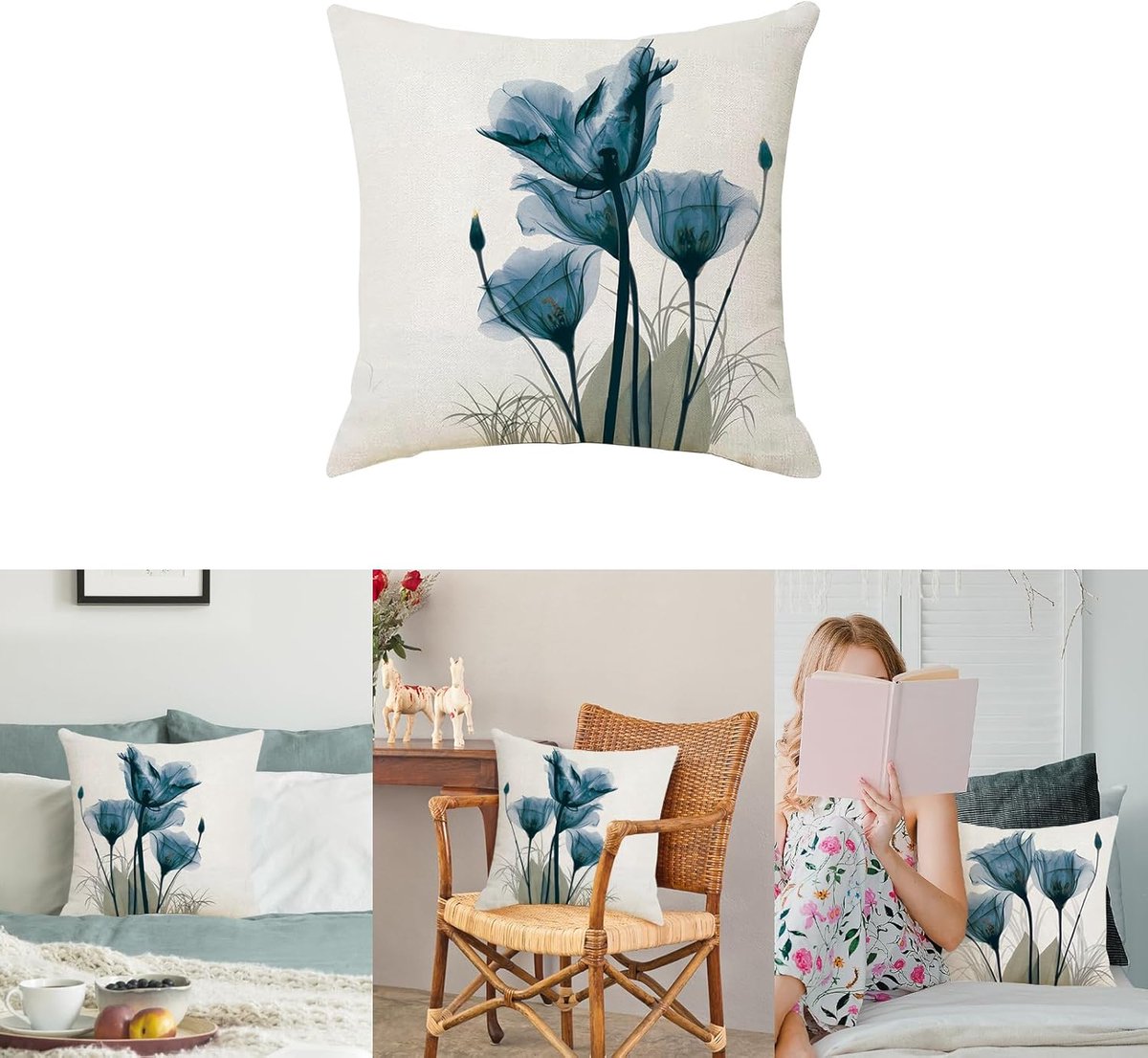 Famanu 2 stuks Kussenslopen, vintage blauwe inkt bloem linnen sierkussenslopen decoratieve slaapkamer kussenslopen voor bank woonkamer (4 bloemen) wit