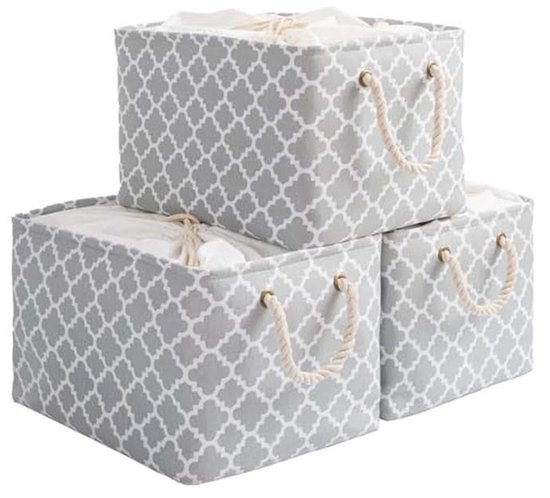 Grote opbergmanden set van 3, opvouwbare manden met handgrepen en trekkoord, 40 x 30 x 26 cm