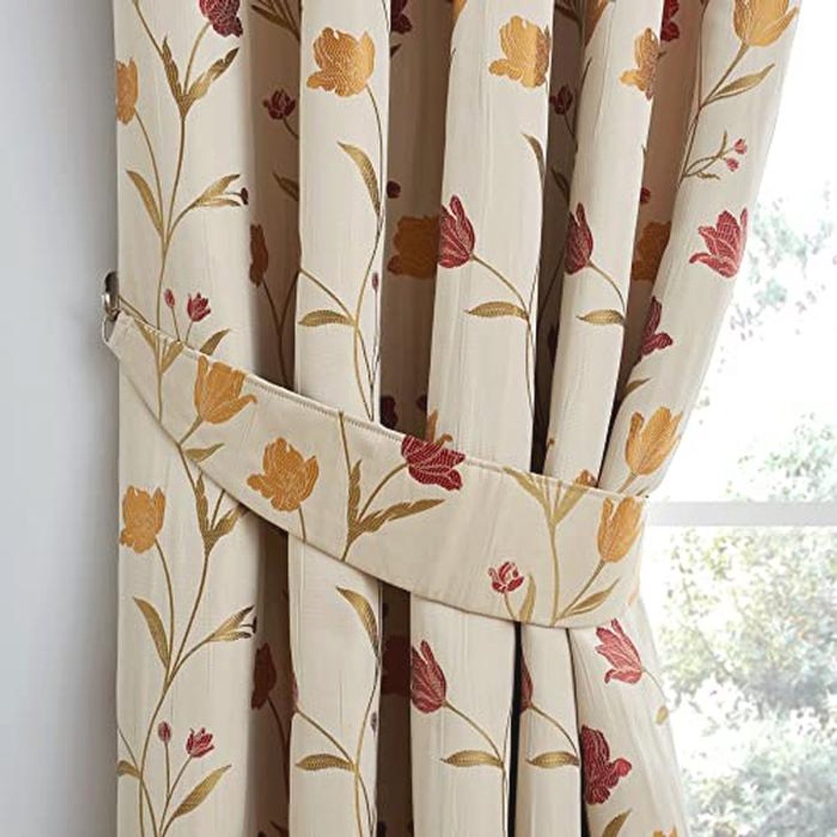 Paar Potlood Plooi Gordijnen 90" Breedte x 72" Drop in Naturel & Rood
