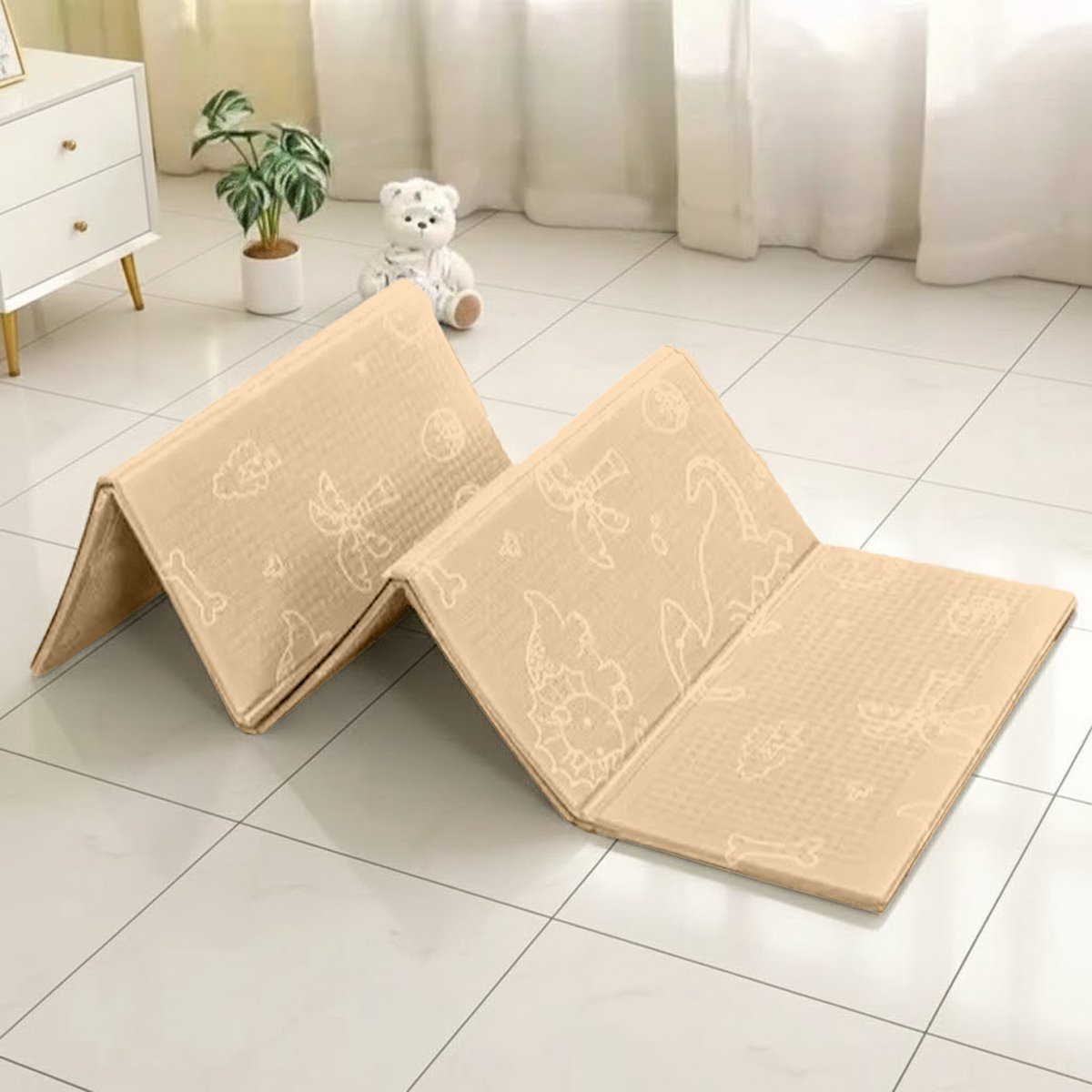 OPVOUWBARE Baby Speelmat - DUBBELZIJDIG Speelkleed incl. opbergtas - EXTRA DIK - 180x200x1,5cm - Ecru/ Beige — afbeelding 4