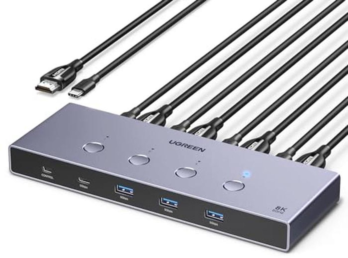 HDMI 2.1 KVM Switch 4 In 1 Uit met 8K@60Hz en 4 USB 3.0 Poorten
