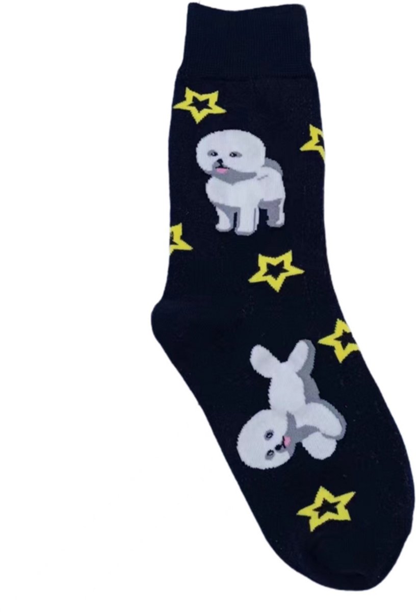 Dames sokken - zwart - grijs - wit - bruin - leuke print hond - 36 - 40 - gift - cadeau voor haar - geschenk vrouwen - Kerst cadeau - verjaardagscadeau