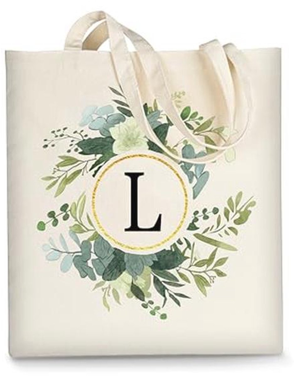 Duurzame Canvas Tote Bag voor Vrouwen - Aesthetic Leaf Initial - Herbruikbare Persoonlijke Tas voor Verjaardag