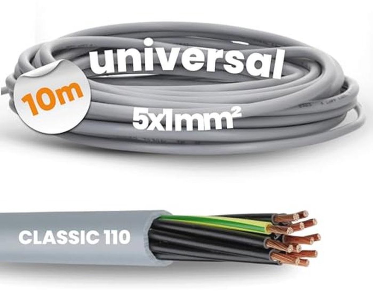 10 meter PVC stuurleiding 5x1 mm² met groen-gele beschermgeleider