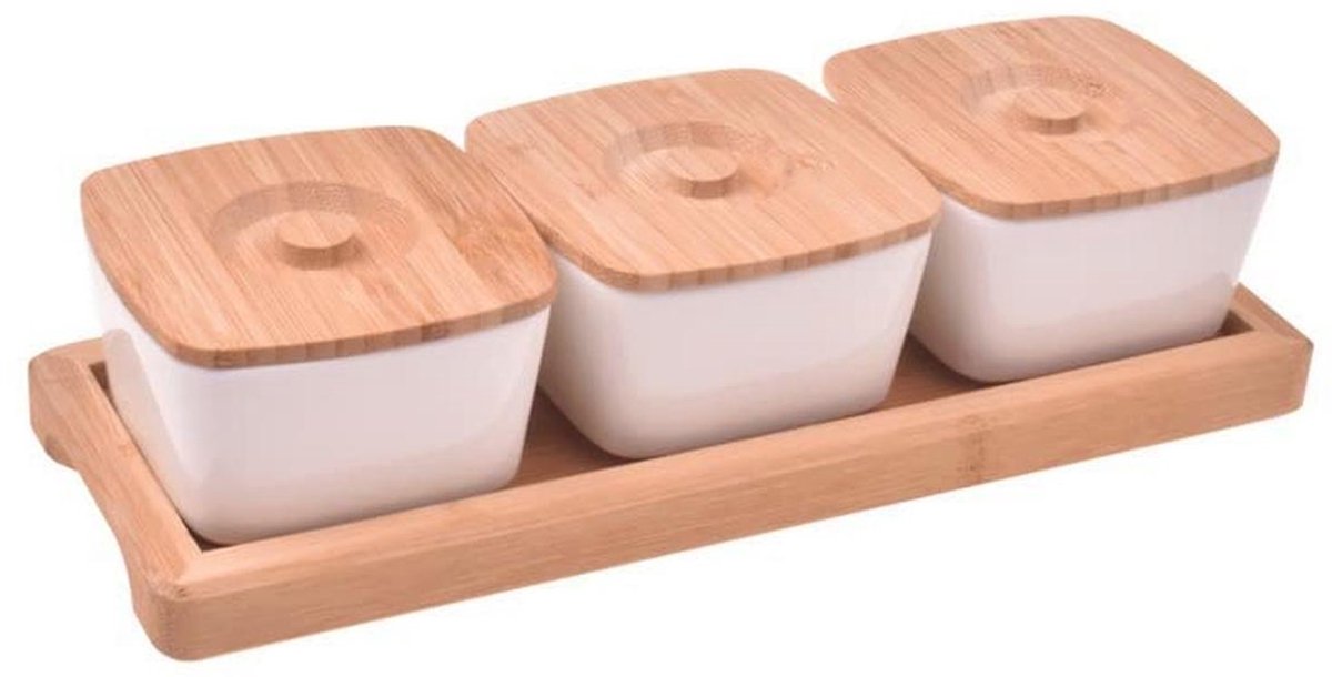 Dipschalen Set 7-Delig met Bamboe Deksel en Dienblad