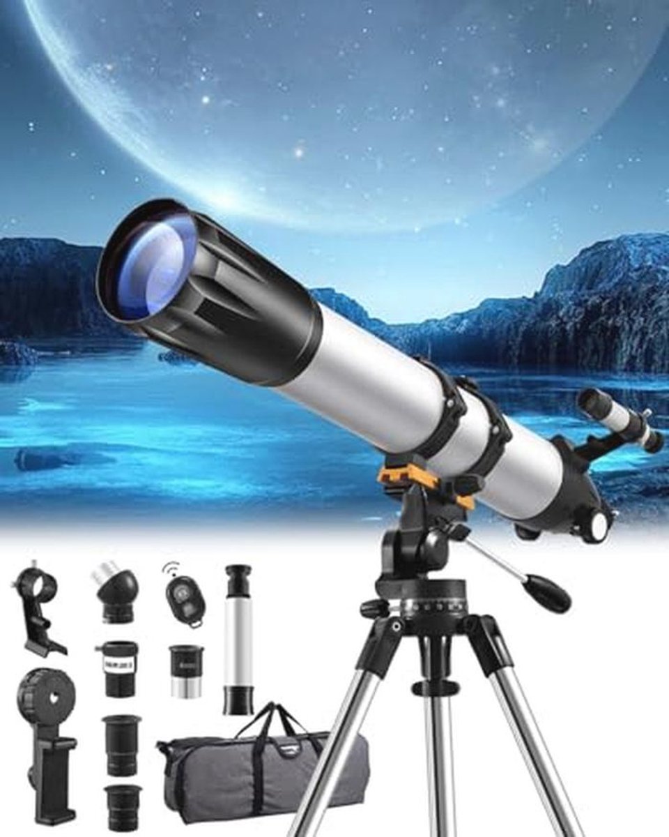 Telescoop voor volwassenen en kinderen, 90 mm met statief, telefoonadapter en maanfilter