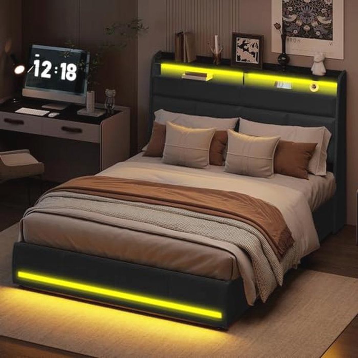 Gestoffeerd bed met opbergruimte en ledverlichting 140 x 200 cm - Functioneel tweepersoonsbed