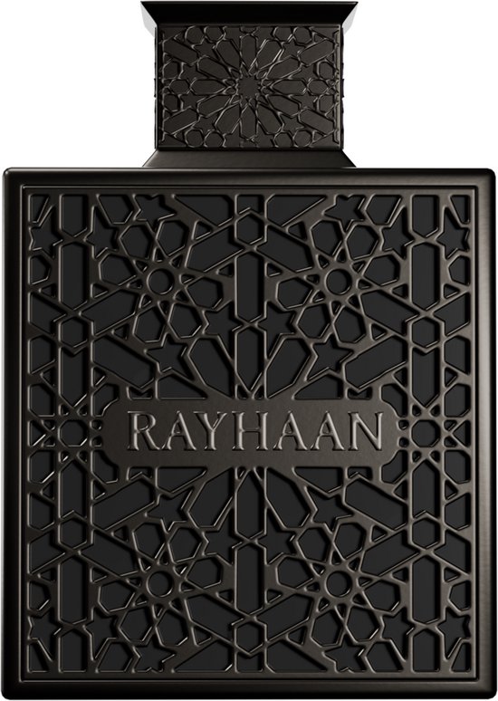 Flacon de parfum noir aux motifs géométriques avec le nom 'RAYHAAN'.