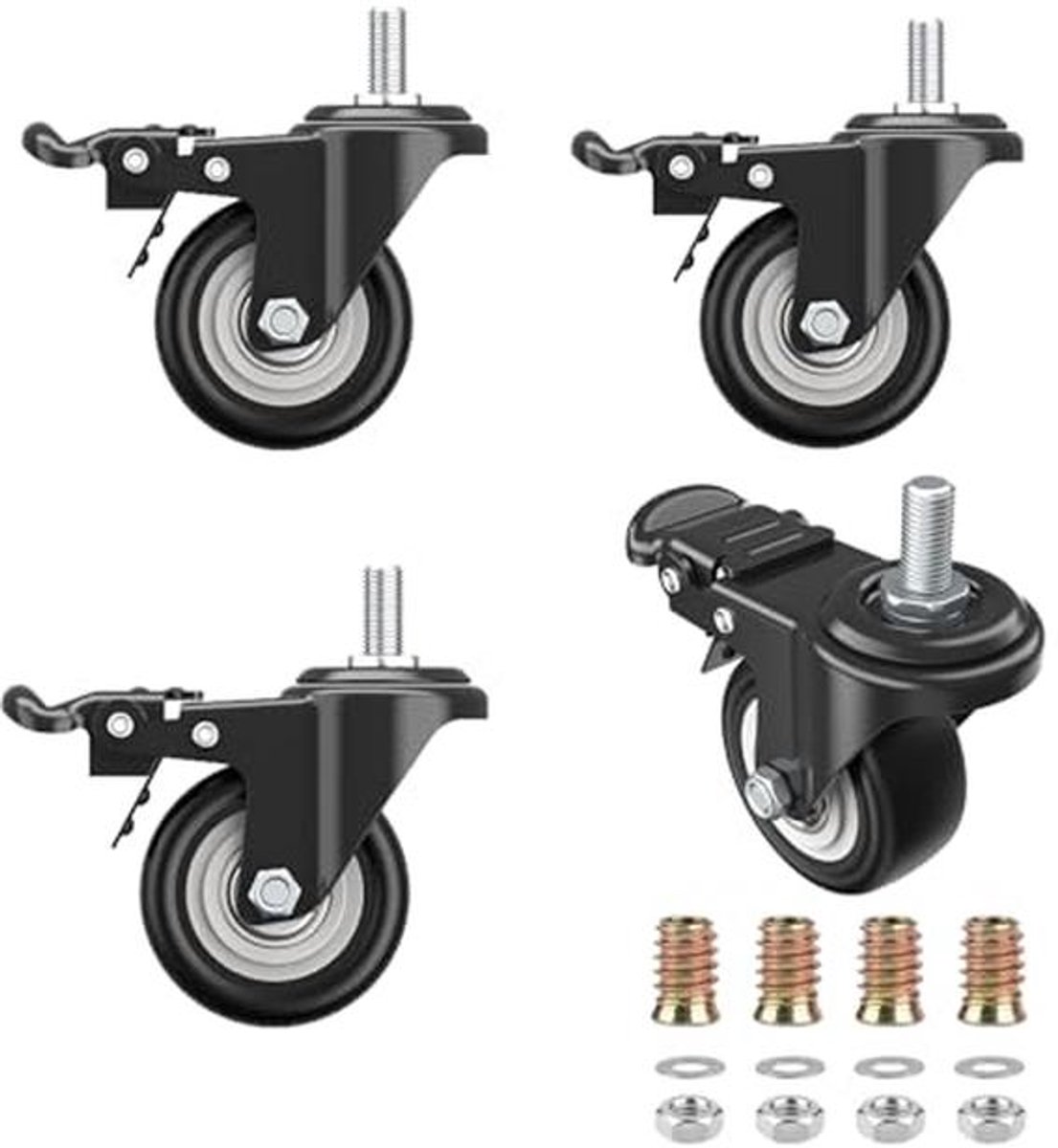 Set van 4 Furniture Wheels met Rem - 50 mm Meubelwielen voor Voertuigen en Meubilair met 360 Graden Rotatie - Tot 70 kg Draagvermogen