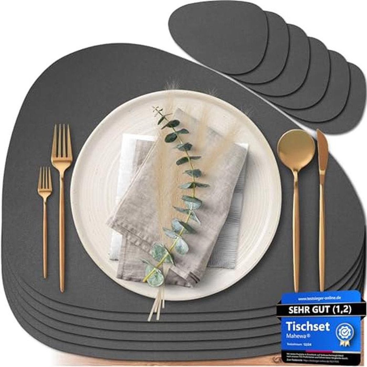 Set van 6 premium afwasbare en waterdichte placemats in lederlook (donkergrijs, ovaal)