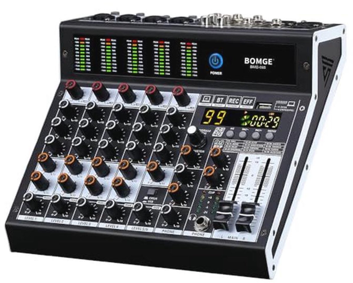 Professionele 6-kanaals audiomixer met DSP-effecten, Bluetooth en USB-interface voor studio- en live-opnamen