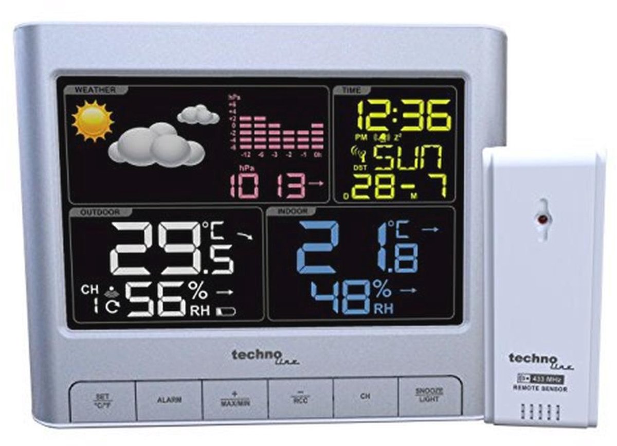 Modern weerstation met gekleurd display en weersvoorspelling