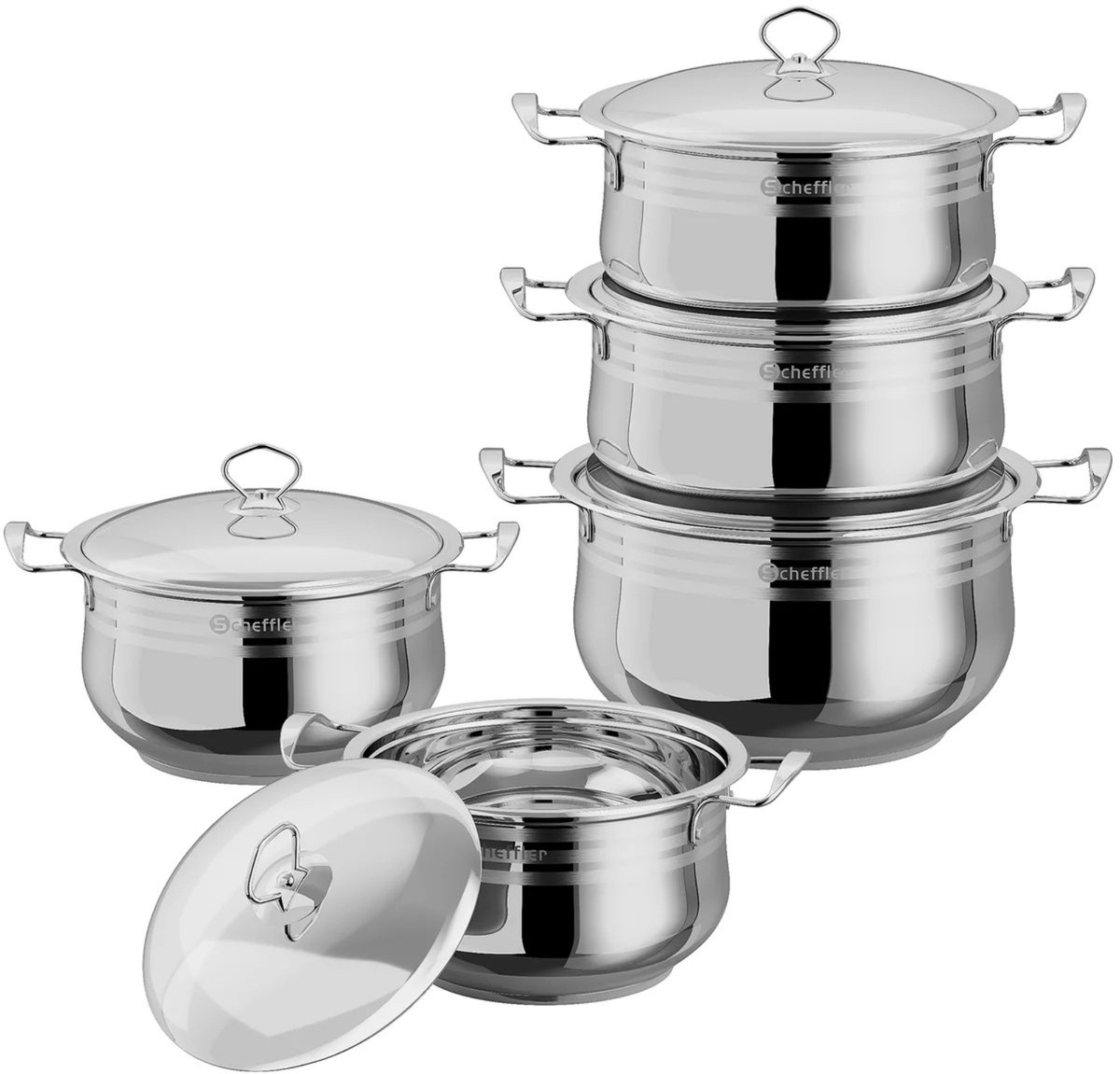 Scheffler RVS Pannenset 10-delig – Professionele Roestvrijstalen Kookset 22/24/26/28/30 cm – Inductie Pannenset met Roestvrijstalen Deksel – Geschikt voor Alle Warmtebronnen (Inductie, Gas, Keramisch, Halogeen) – Duurzame Grote Kookpannenset voor Dag