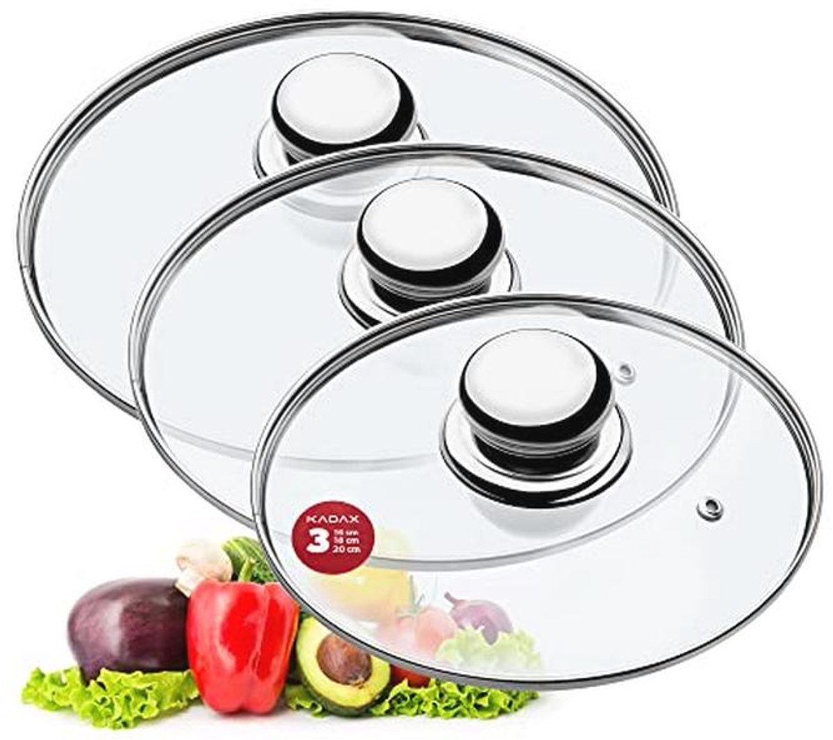 Universele glazen pannendeksels met hittebestendige handgrepen - Set van 3 (16, 18, 20 cm)